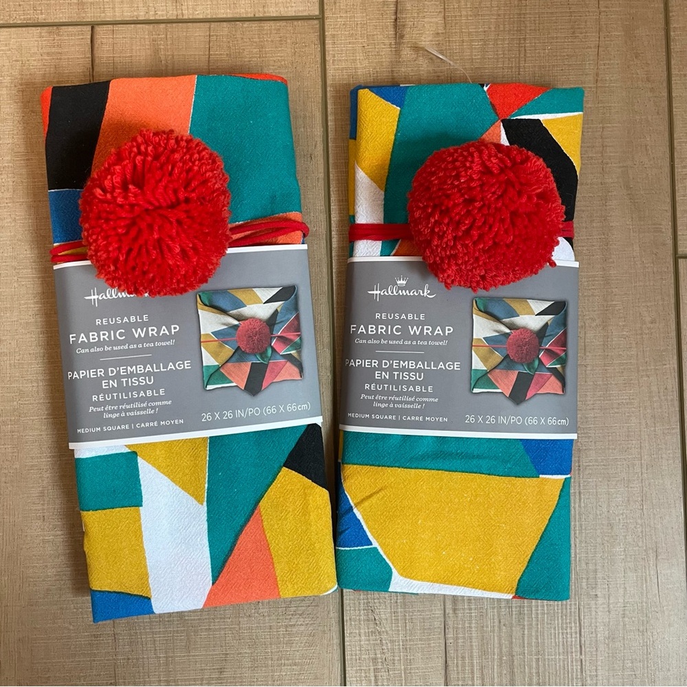 Hallmark Reusable Fabric Gift Wrap with Red Pom Pom